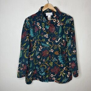 Susan Graver Style Blue Green Floral Jacket‎  Button Front Women's Large